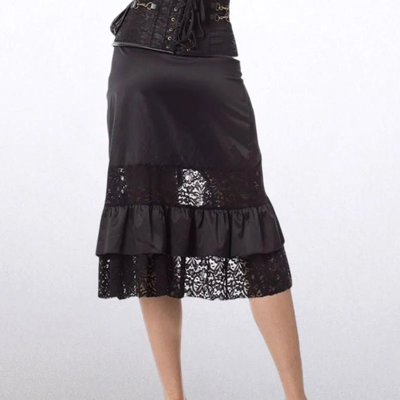 Steampunk midi skirt rear view showing black satin fabric, lace and ruffled hem details, studio background