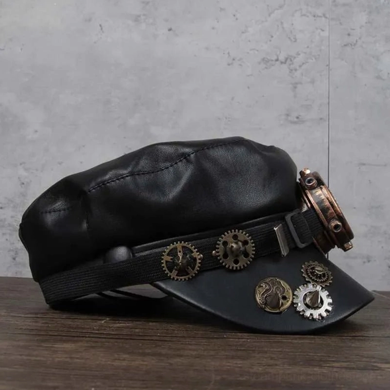Steampunk military cap rear right angle view displaying multiple brass gears adorning brim edge, adjustable strap with decorative elements, and layered ornamentation creating industrial aesthetic depth
