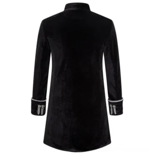 Black velvet steampunk coat back view with silver cuff trims and tailored long fit
