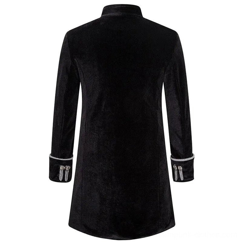Black velvet steampunk coat back view with silver cuff trims and tailored long fit