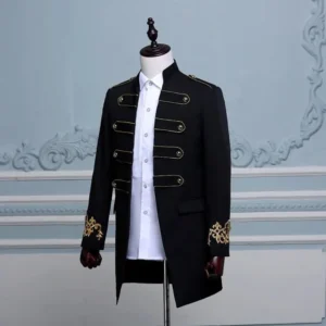 Mens black steampunk military jacket with gold shoulder epaulets and decorative strap details, three-quarter front angle view
