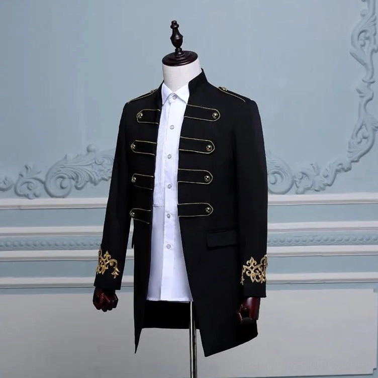 Mens black steampunk military jacket with gold shoulder epaulets and decorative strap details, three-quarter front angle view