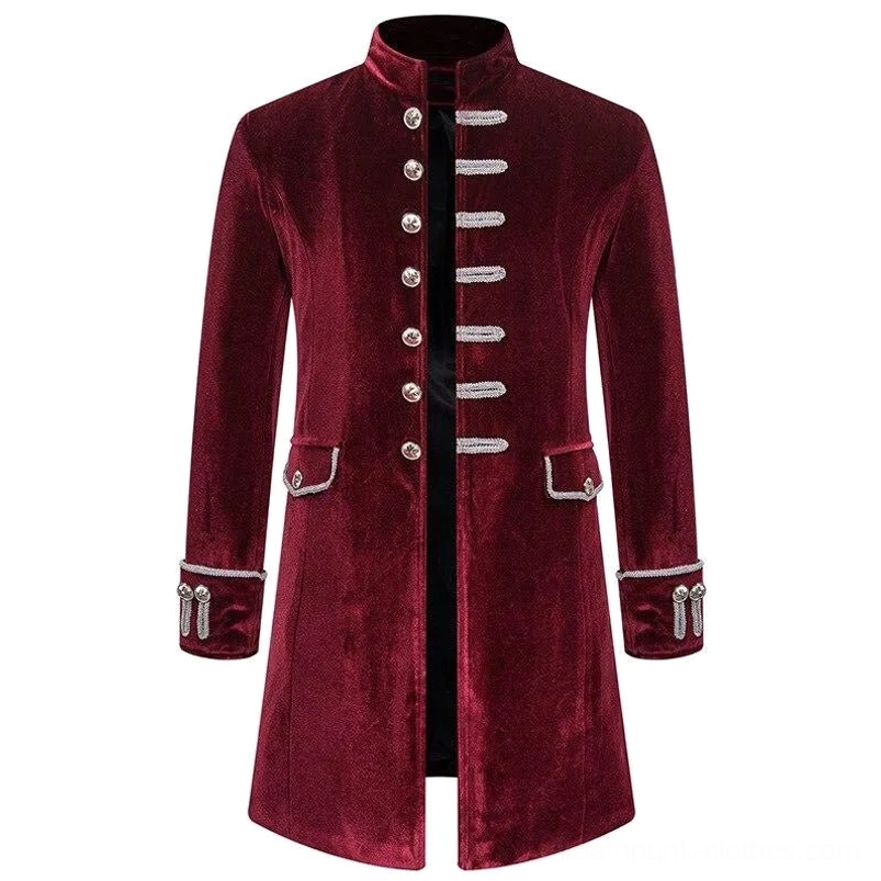 Burgundy red velvet steampunk military coat front view with silver front trims and metal button details