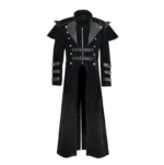 Black velvet steampunk military coat front view with faux leather trim and silver snap buttons