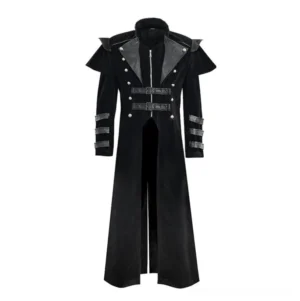 Black velvet steampunk military coat front view with faux leather trim and silver snap buttons