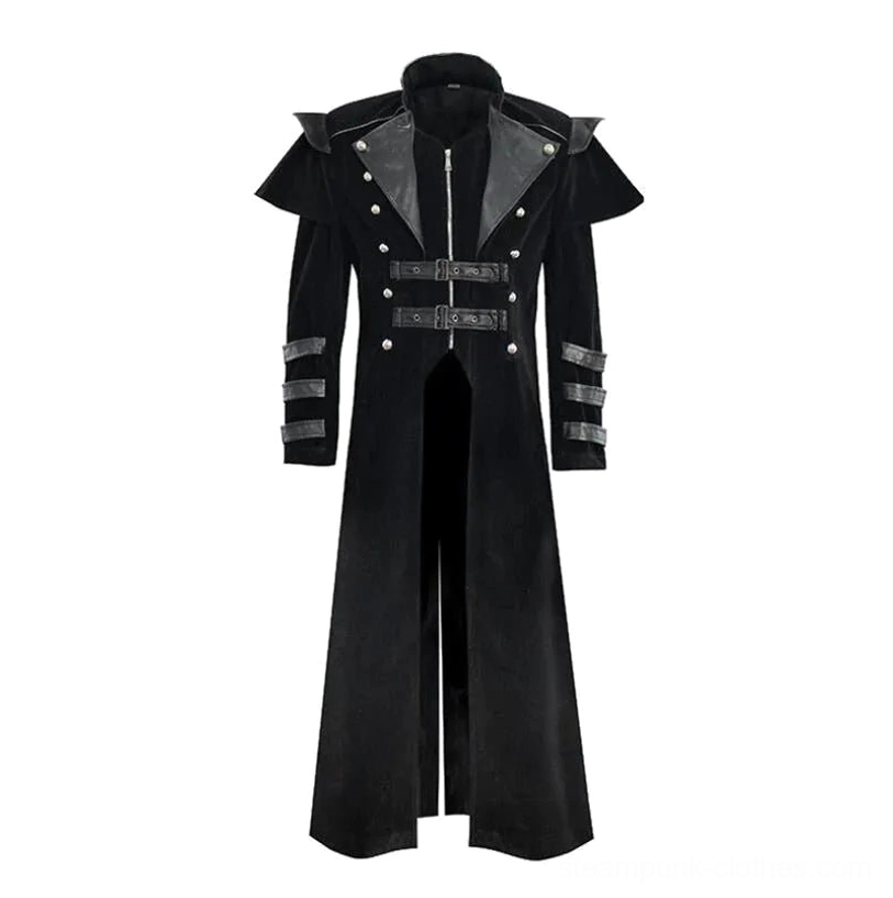 Black velvet steampunk military coat front view with faux leather trim and silver snap buttons