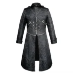 Black steampunk military coat rear view showcasing crisscross metal buckles, front zipper, and split hem detail