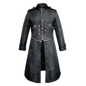 Black steampunk military coat rear view showcasing crisscross metal buckles, front zipper, and split hem detail