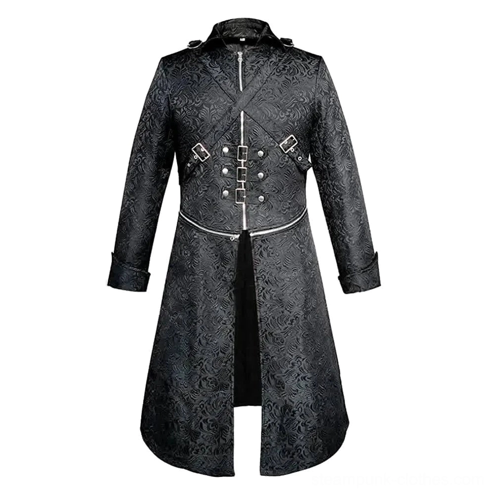 Black steampunk military coat rear view showcasing crisscross metal buckles, front zipper, and split hem detail