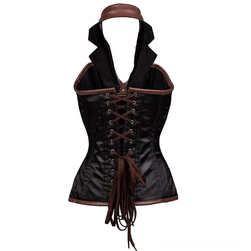 Steampunk military corset back view showcasing lace-up closure with tassel drawstring and brown leather edge trim