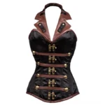 Steampunk military corset front view with black satin, brown leather trim, bronze toggle fasteners and halter lapel collar