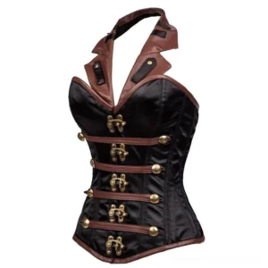 Three-quarter view of steampunk military corset displaying bronze side buckles, halter neck design and waist-cinching silhouette
