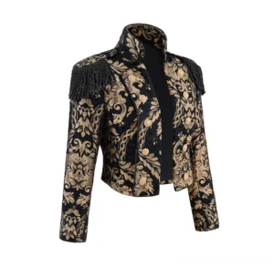 Three-quarter front side view of women's steampunk military cropped jacket showing tailored silhouette and brass button detailing