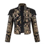 Black gold damask steampunk military cropped jacket front full view with embossed brass buttons and fringe epaulets