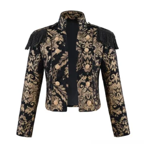 Black gold damask steampunk military cropped jacket front full view with embossed brass buttons and fringe epaulets