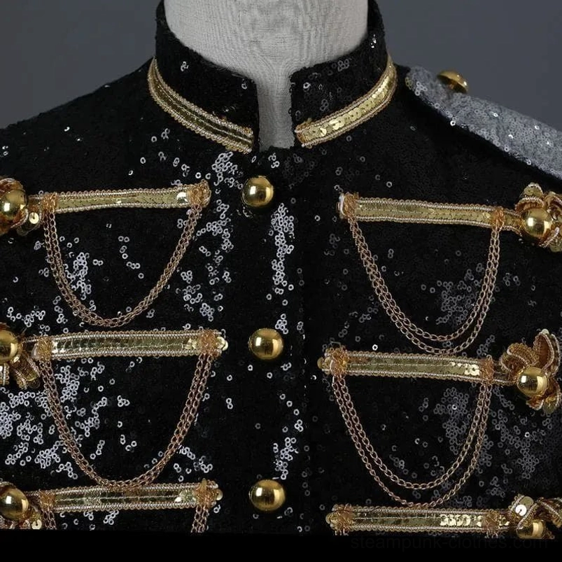Steampunk jacket collar close-up with stand collar, brass buttons and chain decorations