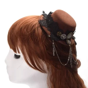 Steampunk mini fedora hat side view on mannequin with brown felt, black lace band, metal gears and hanging chain ornaments
