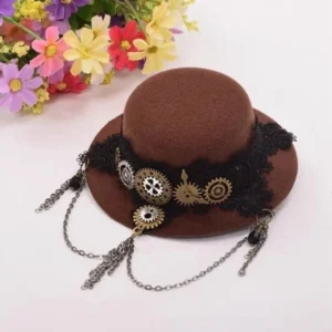 Steampunk mini fedora fascinator front view with flat brim, brown felt body, black lace trim, metal gear decorations and tassel chain accessory