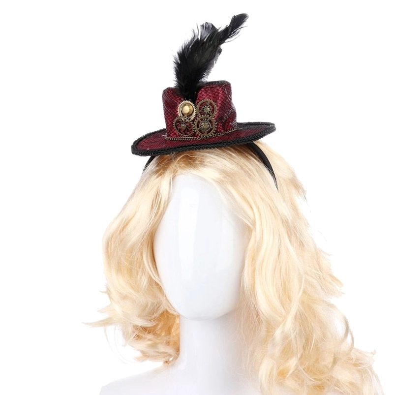 Steampunk mini top hat worn on mannequin display with blonde curly wig, showing proper positioning and styling