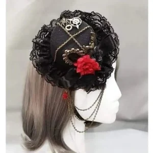 Steampunk gothic mini top hat left side profile showing cross metal chains, bronze gear hardware, and black lace trim detail