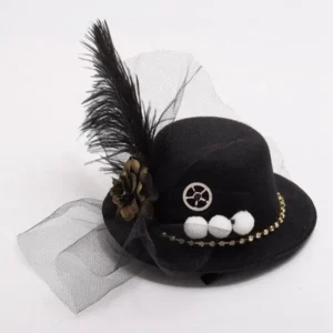 Front top view of black steampunk mini fedora with rhinestone trim, feather, tulle, and pom-pom embellishments highlighting gothic details