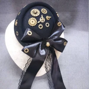 Steampunk mini fascinator hat with vintage brass gears and lace-trimmed satin bow, front facing angle on white mannequin