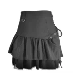 Black steampunk mini skirt front flat view with ruffled double-layer hem and side lace straps