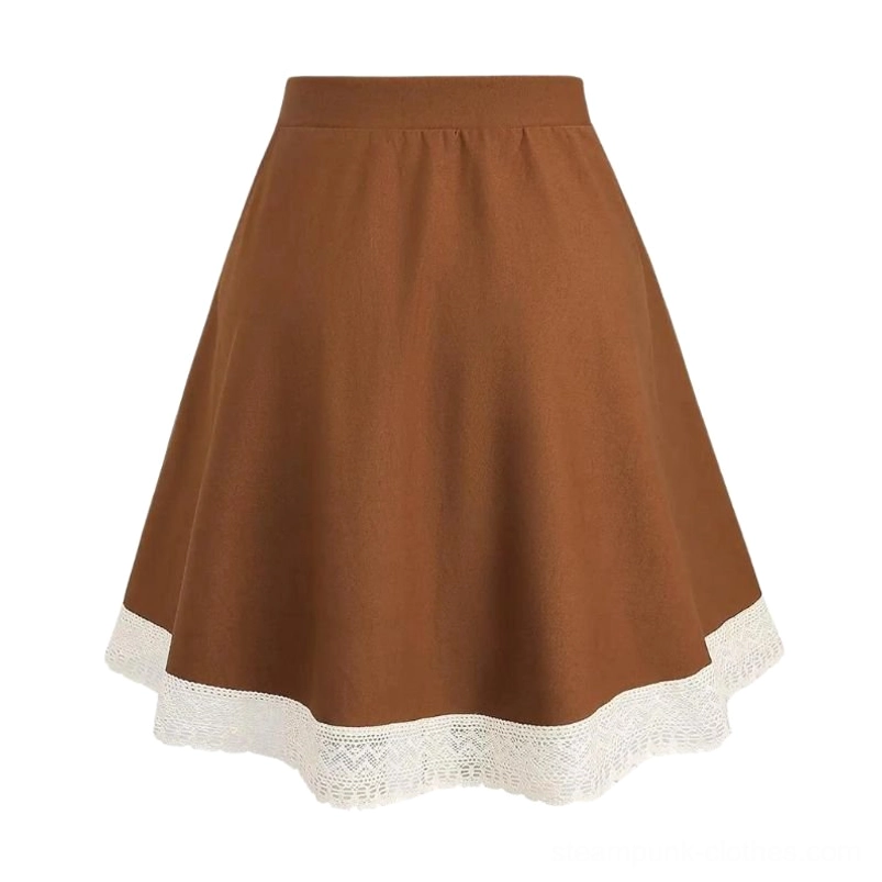Back view of brown steampunk skirt showing solid coffee brown fabric and white lace trim hem, flat lay rear perspective