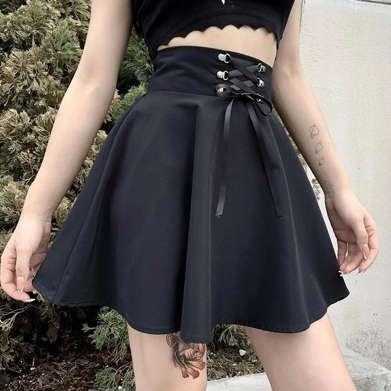 Black steampunk mini skirt with ribbon lace-up corset waist and metal eyelet details