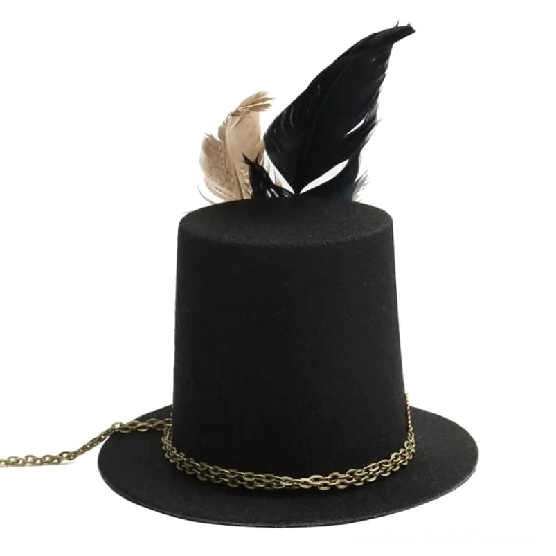 Black steampunk mini top hat with feather and gold chain band shown from side front view on white background