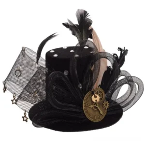 Steampunk mini top hat front-three-quarter view with bronze gear ornaments, mesh trim, feathers and star pendants on white background