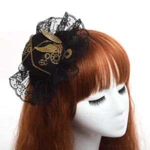 Steampunk mini top hat hair clip with bronze wings and gears on mannequin with auburn bangs wig, front three-quarter view