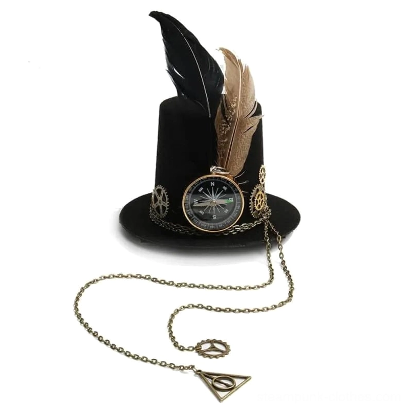 Steampunk mini top hat flat lay shot displaying black felt base, decorative feather, compass element and detachable chain accessory