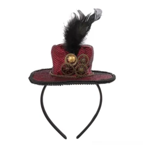 Steampunk mini top hat flat lay front view, burgundy mesh with bronze gears, black feather and braided trim