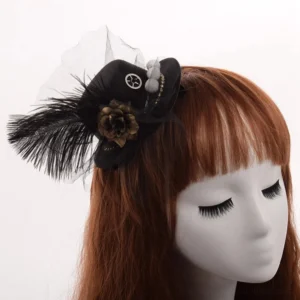 Black steampunk mini top hat with feather and tulle on female mannequin, left side front view showcasing gothic fascinator with vintage flower decor