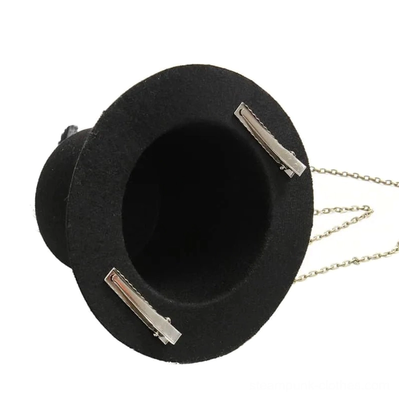 Steampunk mini top hat base close-up showing integrated black hair clips and attached metal chain from back view