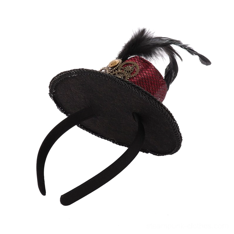 Steampunk mini top hat side back view, showcasing black inner brim, fabric headband attachment, and feather placement