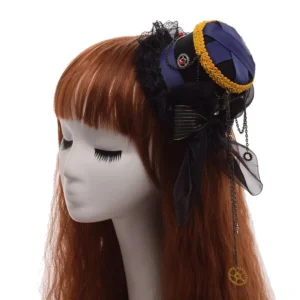 Black and purple steampunk mini top hat with yellow trim and gear pendant chain, worn by female model in profile view showcasing lace bow and Victorian details