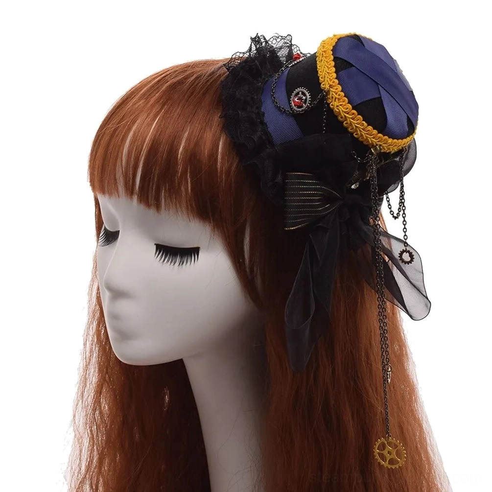 Black and purple steampunk mini top hat with yellow trim and gear pendant chain, worn by female model in profile view showcasing lace bow and Victorian details