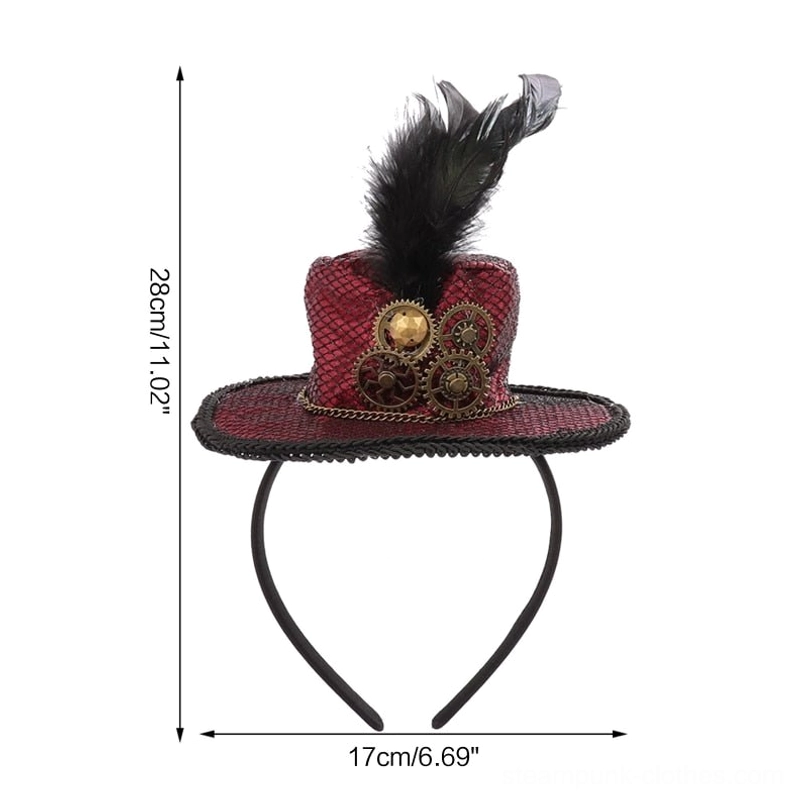 Steampunk mini top hat front view with size measurement labels, demonstrating 28cm height and 17cm width dimensions