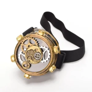 Front flat view of steampunk monocle goggle displaying circular brass hardware, clear polycarbonate lens cover, and antique brass fixing studs on white background