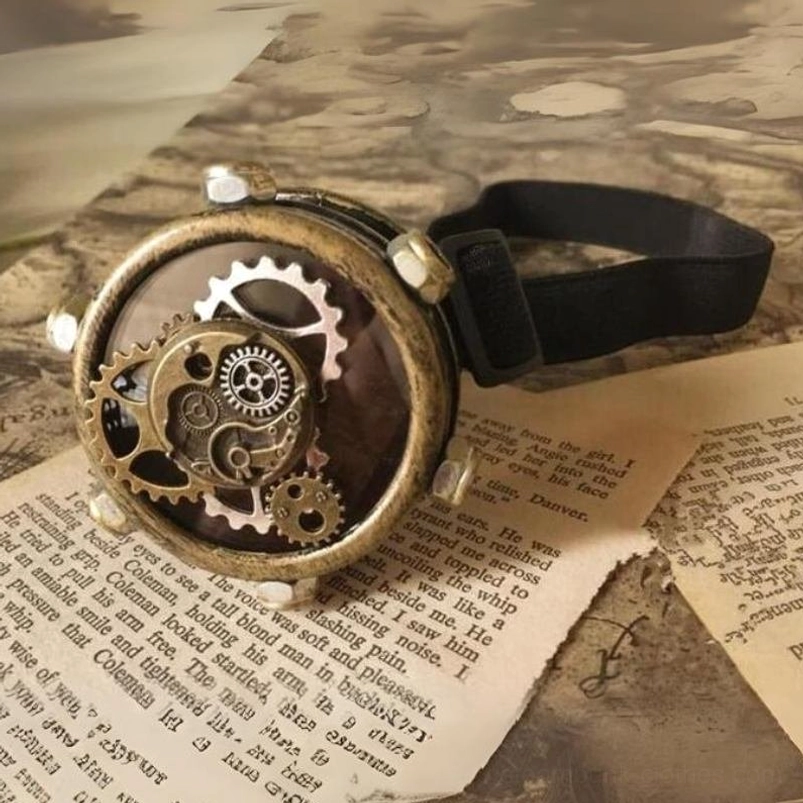 Steampunk monocle goggle with weathered bronze metal frame and exposed gear details, shown on vintage paper background with elastic strap visible