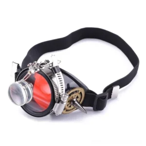 Red lens single-eye steampunk monocle goggle with black elastic strap and brass gear accents on white background