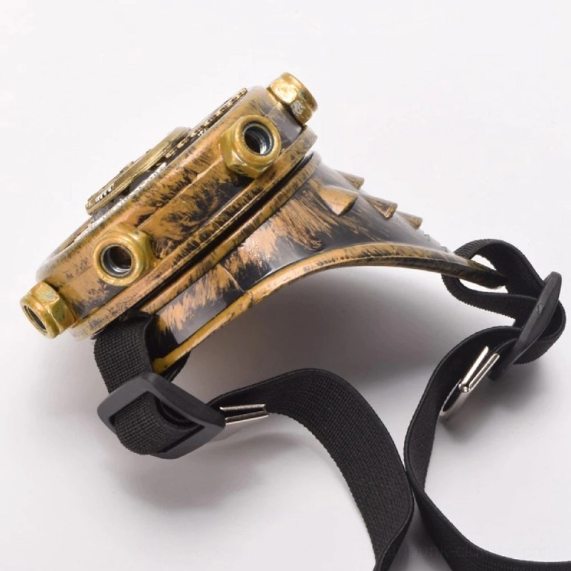 Side profile of steampunk monocle goggle showcasing curved metal frame, rivet decorations, and adjustable elastic webbing strap against white background