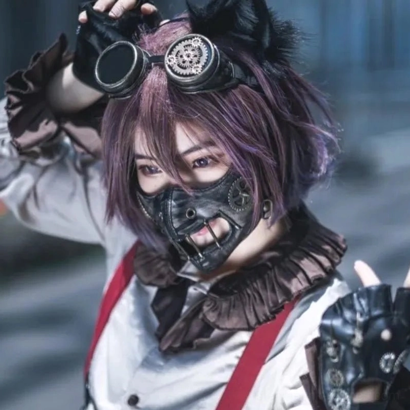 Steampunk leather mouth mask with bronze metal gears and adjustable straps - front close-up view worn by cosplayer with purple hair at anime convention