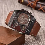 Steampunk multi-timezone wristwatch with gunmetal black metal case, brown pebbled leather strap, white stitching, rivet details, and complex multi-sub-dial design displayed on vintage wooden block