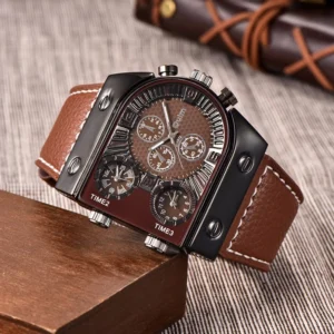 Steampunk multi-timezone wristwatch with gunmetal black metal case, brown pebbled leather strap, white stitching, rivet details, and complex multi-sub-dial design displayed on vintage wooden block
