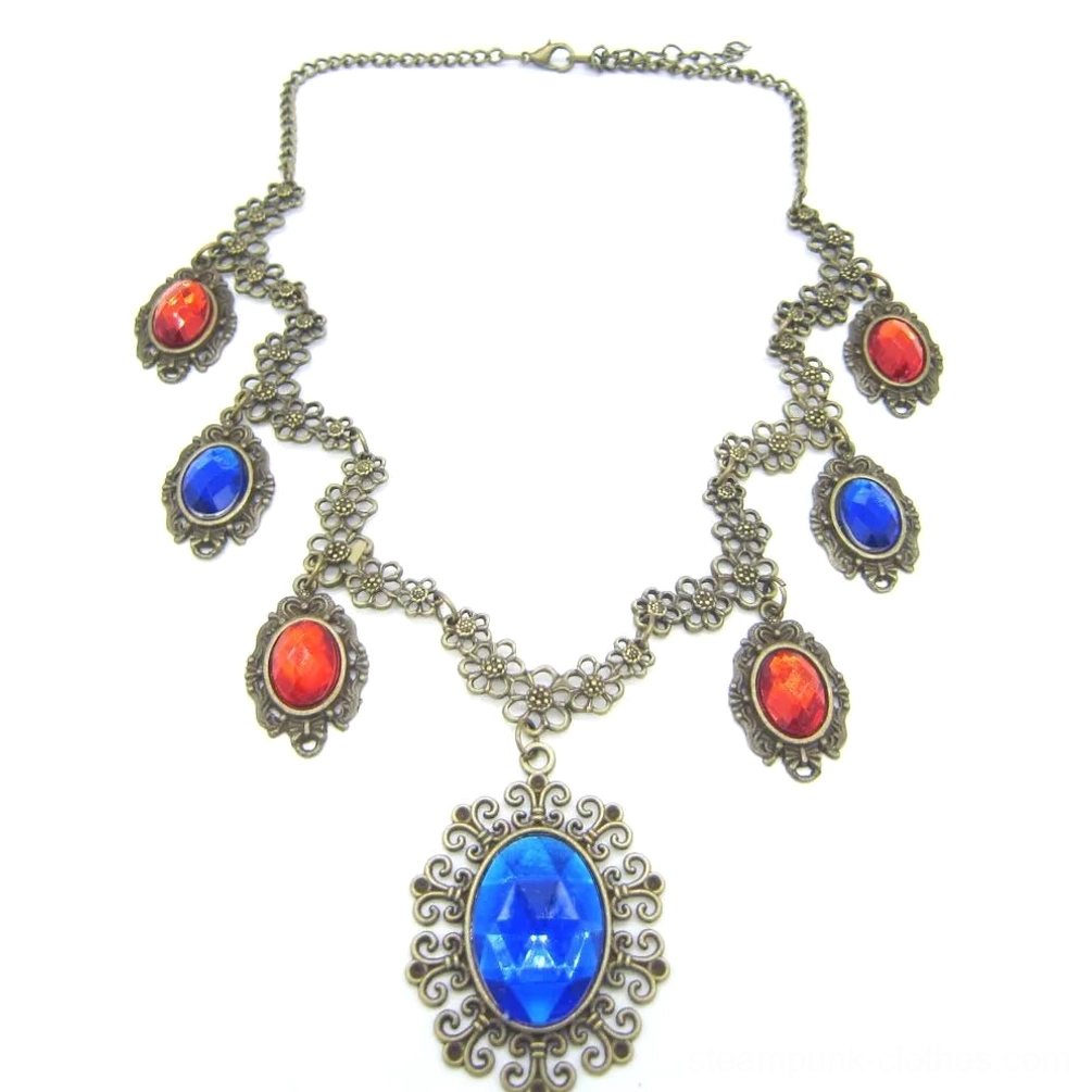 Steampunk vintage necklace flat lay overhead view displaying adjustable chain clasp, antiqued bronze metalwork, intricate filigree gem settings, and large central blue oval pendant
