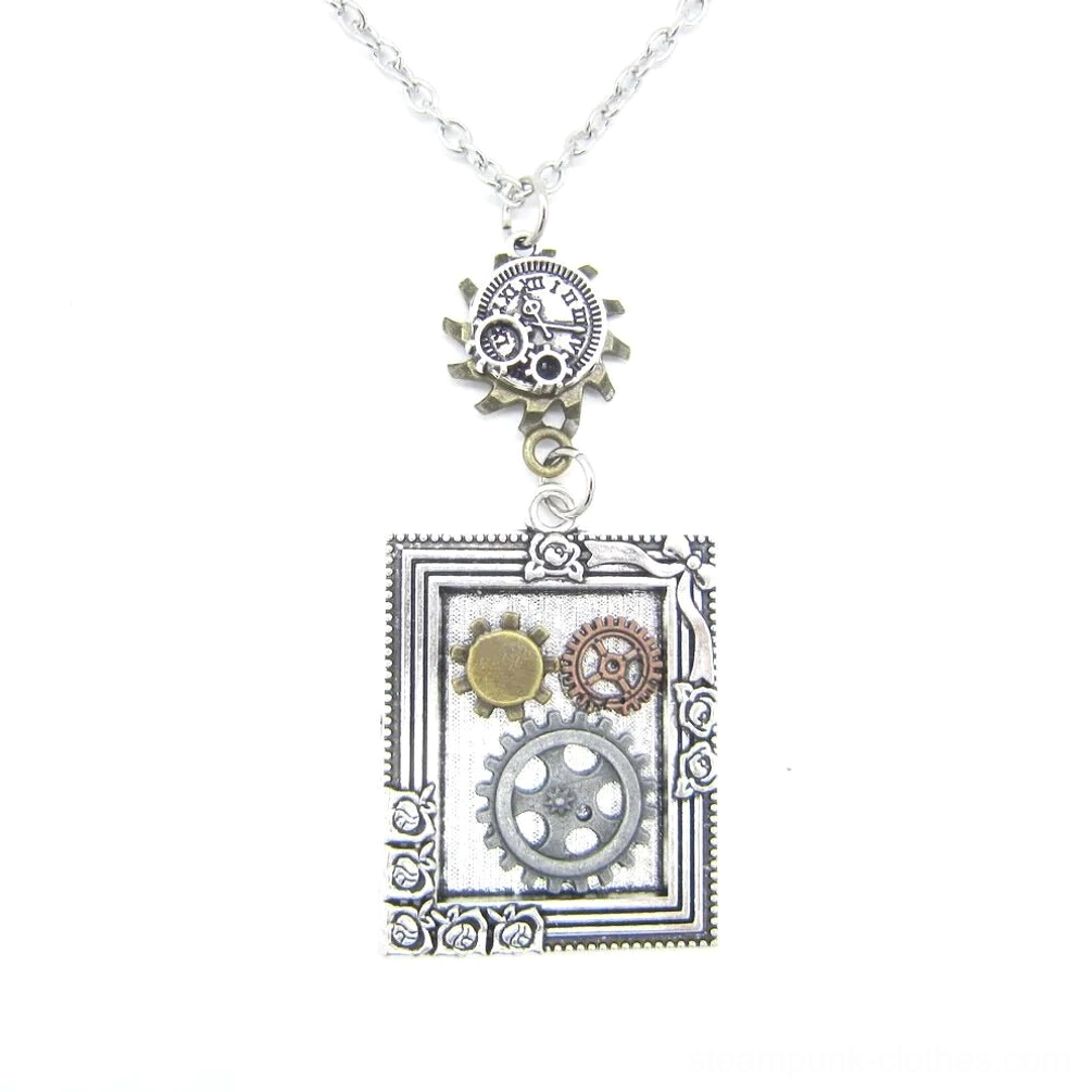 Antique silver plated steampunk photo frame necklace with clock gear pendant charm and decorative mixed gears on pure white backdrop