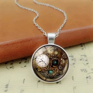 Silver-toned steampunk necklace featuring intricate gear and clock design under glass dome, styled on sheet music with leather backdrop